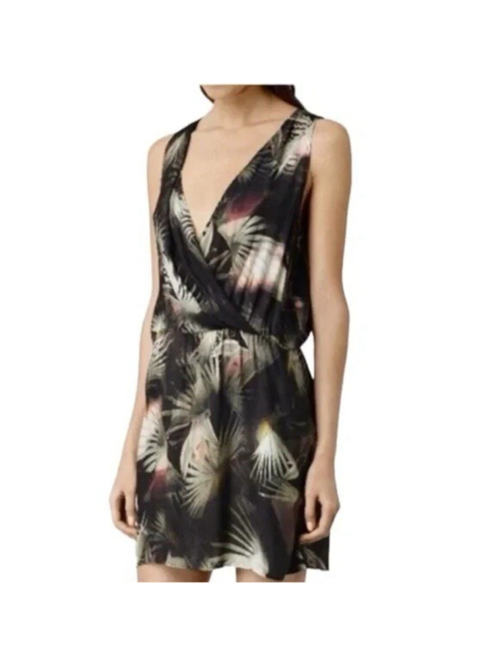 All Saints Blake Colada Mini Dress Palm Print Black Green Size 6 Travel Casual